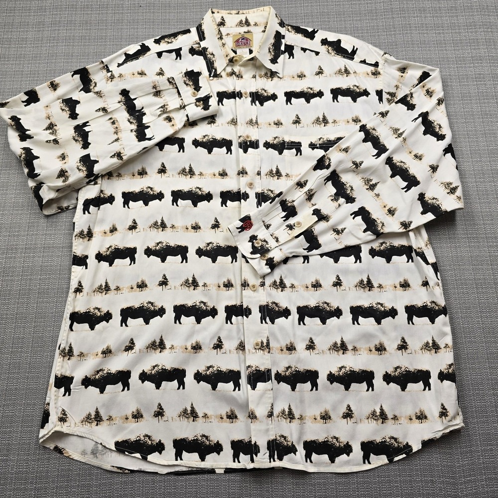 Barn Fly Shirt Mens Large White Bison Print Long Sleeve Button Up Western USA - Picture 2 of 10